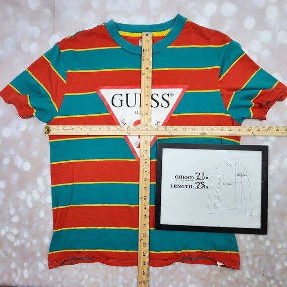 Guess Logo Orange/Green Striped T-Shirt, Men's Medium - Picture 10 of 11